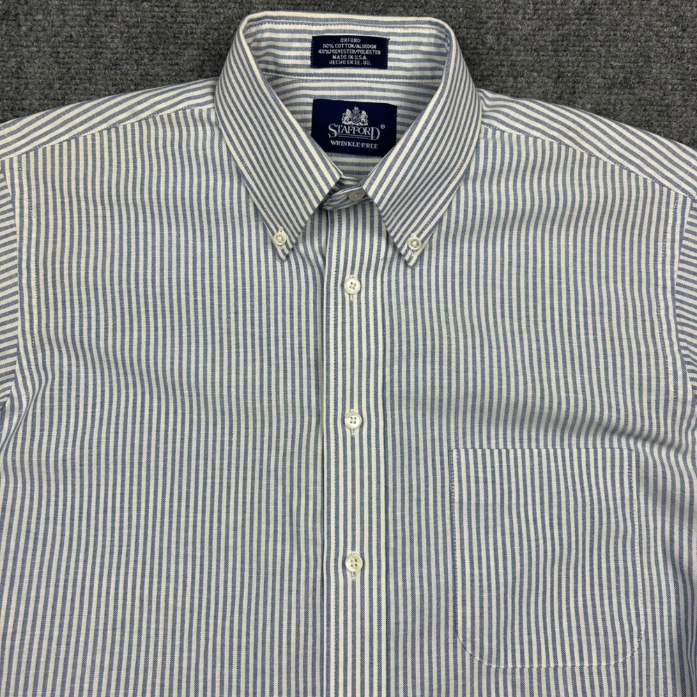 Stafford Button Down Shirt Mens L Blue Striped Wrinkle Free Short Sleeve VTG USA
